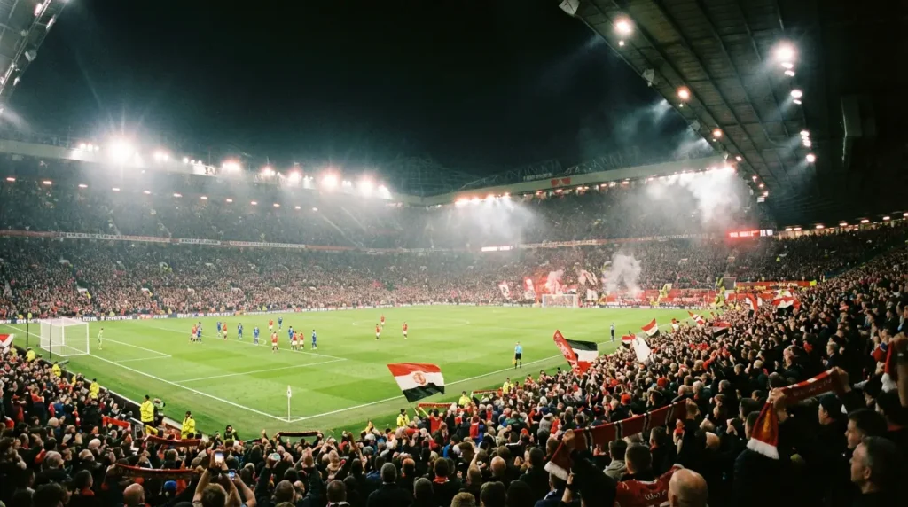Estádio de futebol iluminado durante jogo noturno para apostas ao vivo