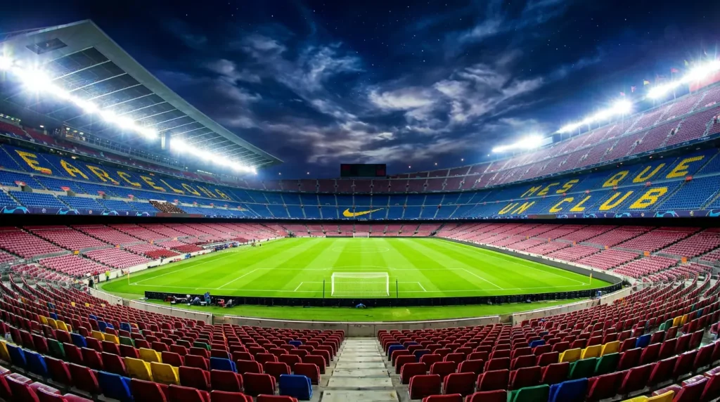 Estádio de futebol iluminado à noite com relvado verde vibrante