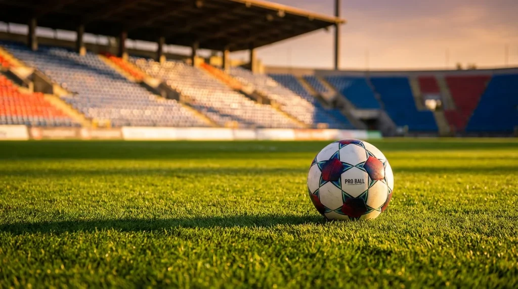 Bola de futebol num relvado verde com bancadas de estádio em fundo desfocado
