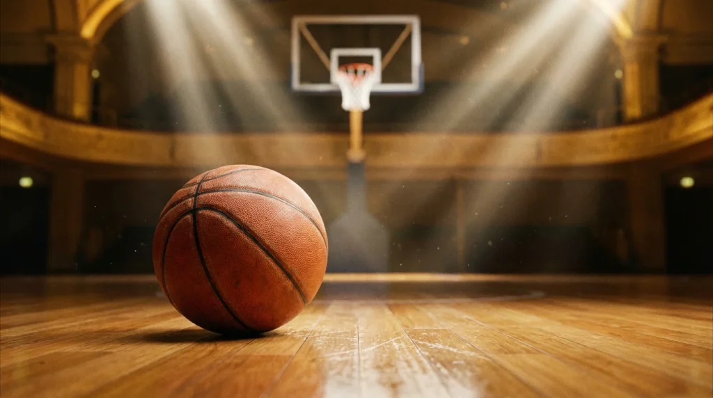 Bola de basquetebol laranja junto a tabela com rede em pavilhão