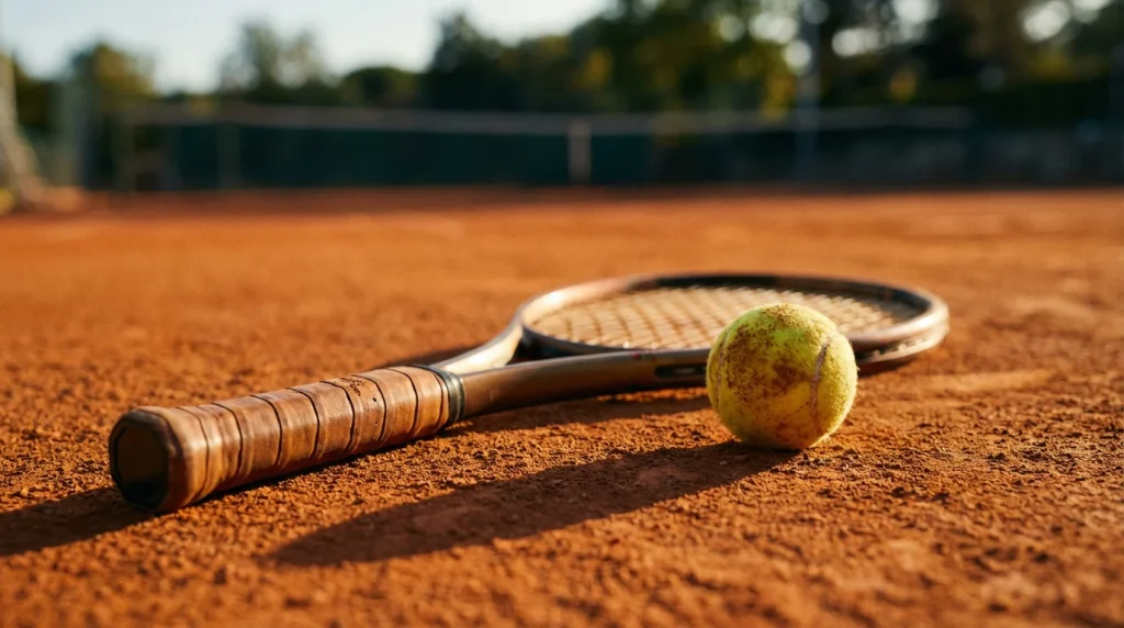 Raquete de ténis e bola amarela sobre court de terra batida