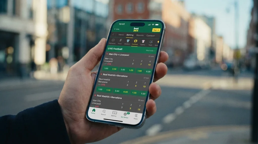 Mão a segurar telemóvel com aplicação de apostas desportivas aberta