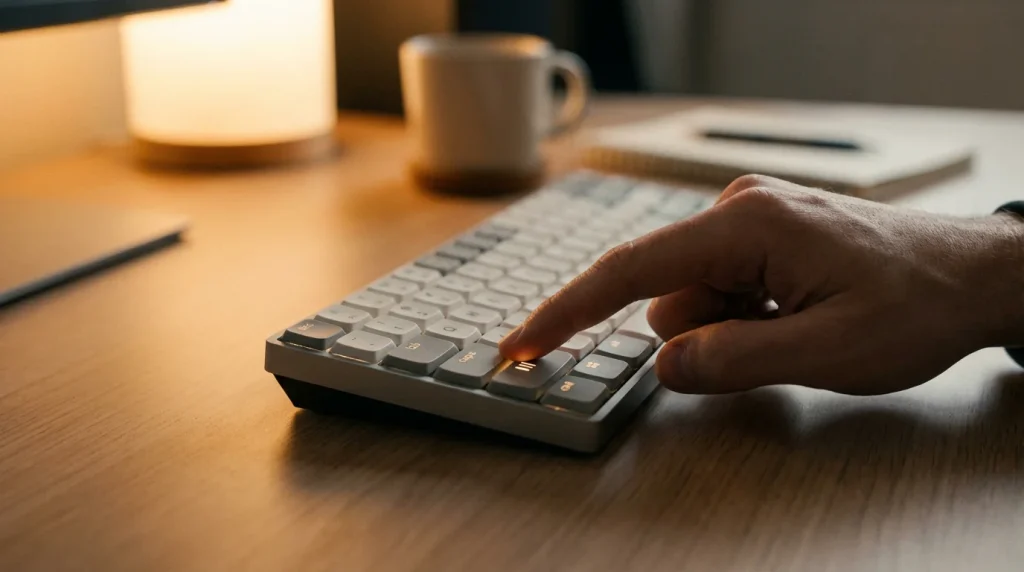 Mão a pressionar botão de pausa num teclado de computador com luz ambiente suave