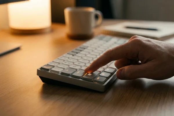 Mão a pressionar botão de pausa num teclado de computador com luz ambiente suave