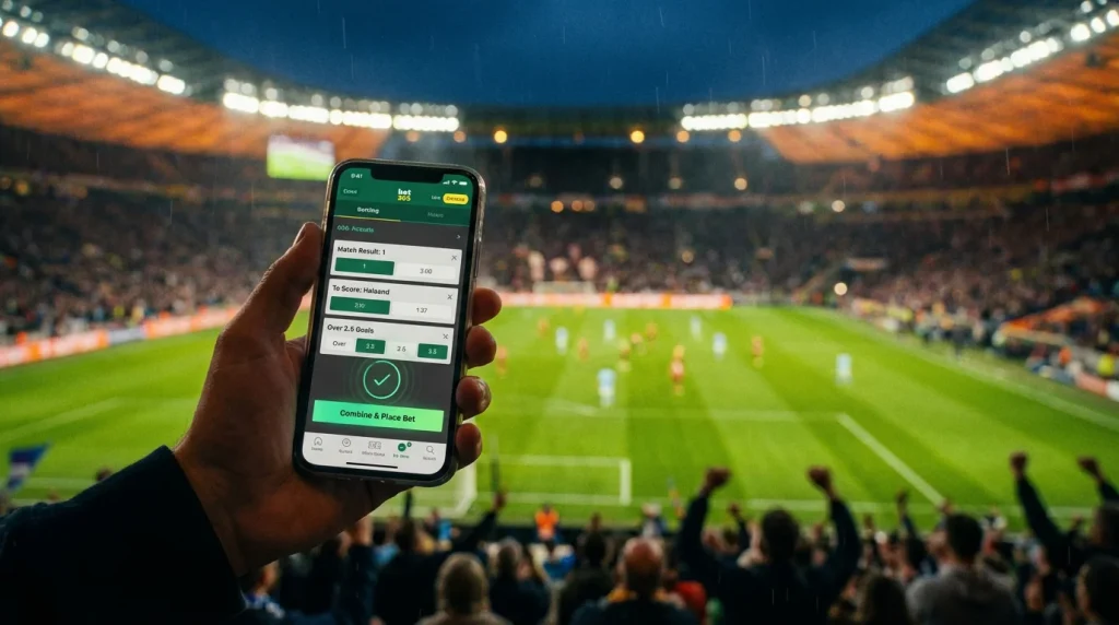 Ecrã de telemóvel com interface de Bet Builder para apostas de futebol