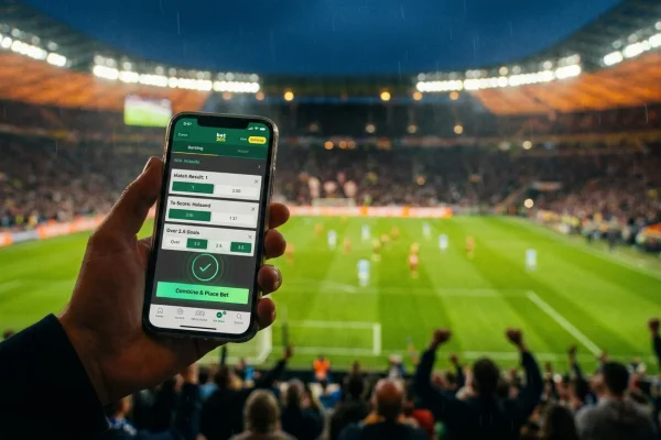 Ecrã de telemóvel com interface de Bet Builder para apostas de futebol