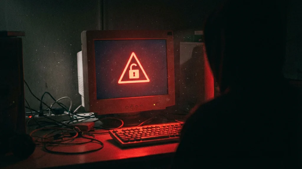 Ecrã de computador com símbolo de aviso vermelho e cadeado aberto