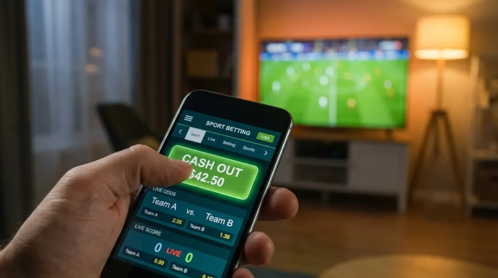 Telemóvel com aplicação de apostas mostrando botão verde de cash out