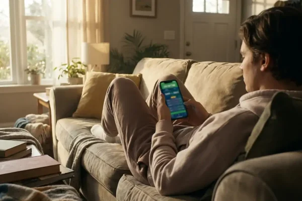 Pessoa a usar telemóvel para fazer primeira aposta desportiva online
