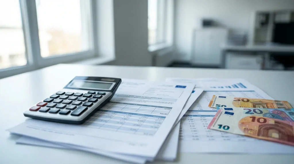 Calculadora sobre documentos fiscais com notas de euro ao lado