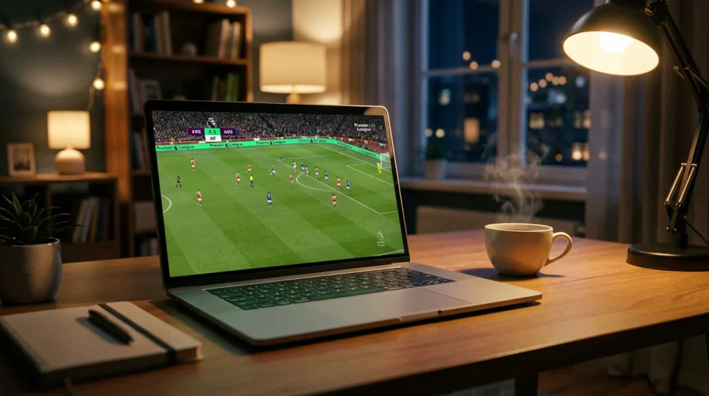 Portátil a transmitir jogo de futebol ao vivo numa secretária