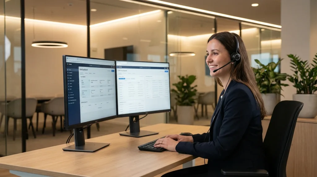Agente de suporte ao cliente com headset a prestar apoio online